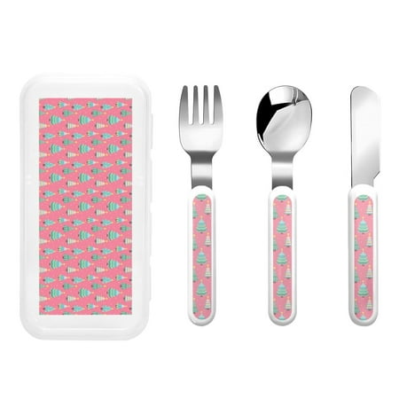 

Qokaie Pastel Christmas Trees on Pink for Stainless Steel Kids Silverware Set - Children’s Utensil Set - Children s Knife Fork And Spoon Set