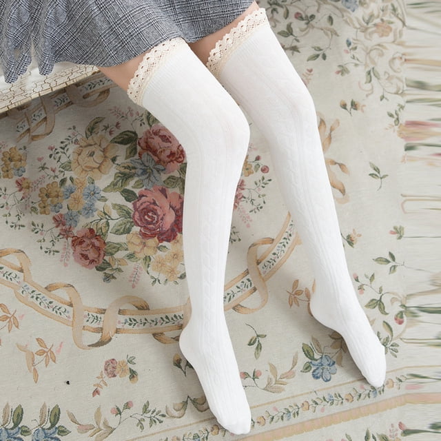 Bas à Moins de 10 $ Blancs pour Femmes, Chaussettes Tricotées Unies, Bas à Empiècement de Dentelle, Longs, Stocks Hauts