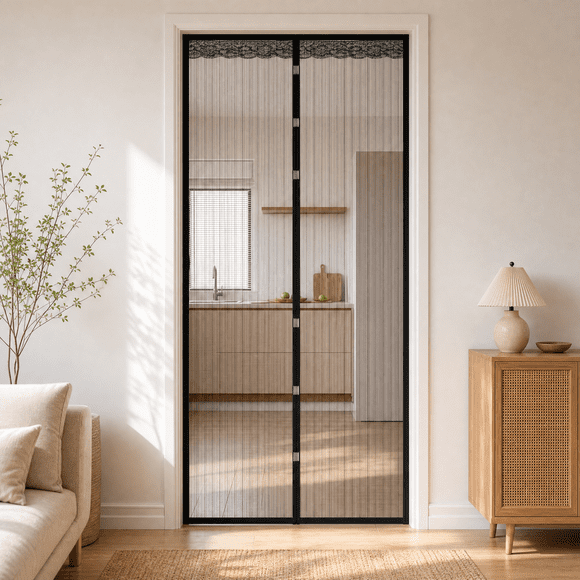 Cortina Magnética de Tiras para Puerta con Diseño de Rayas, 100 x 210 cm, Negra, de Poliéster