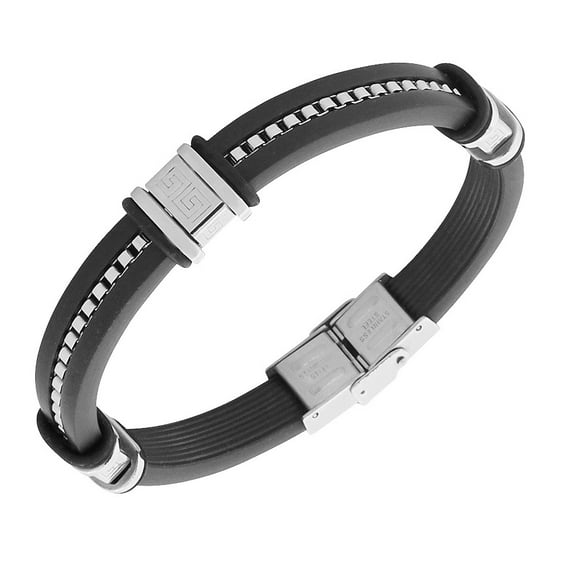 Stainless Steel Black Rubber Silicone Silver-Tone Greek Key Men's Bracelet