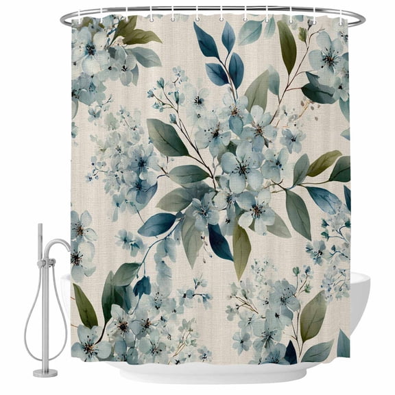 Polyester Fabric Spring Flowers Shower Curtain, Watercolor Floral Leaves Botanical Beige Waterproof Bathtub Curtain Bathroom Decor Set with Hooks 72 x 96 Inches