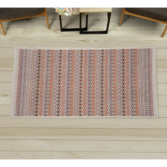 Ethnic Decorative Rug, Tribal Style Abstract Mesh Pattern of Oval Grid Motif Folkloric Artwork, Quality Carpet for Bedroom Dorm and Living Room, 6 Sizes, Dark Peach, by Ambesonne