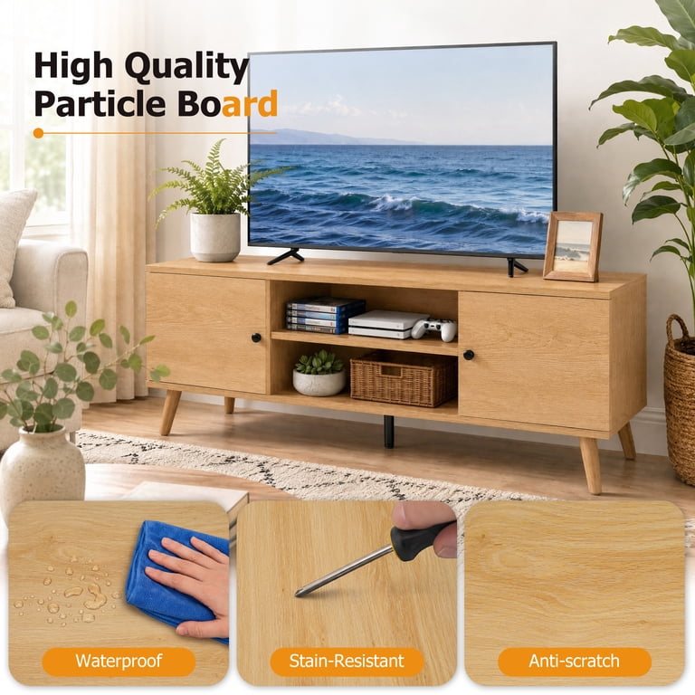 EDX Retro-Modern TV Stand with Soft-Close Cabinets, Natural Wood photo 8