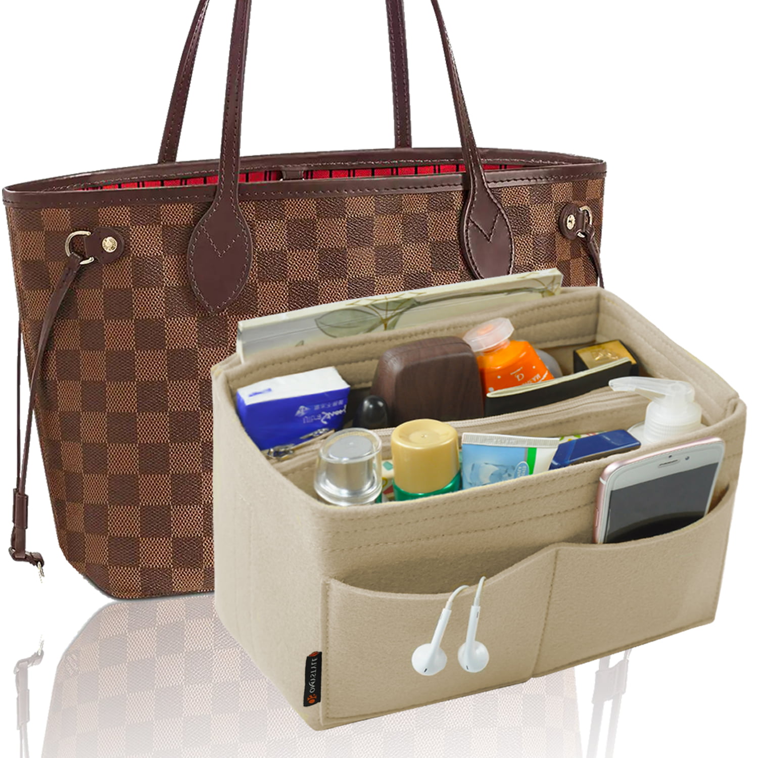 Multi Pockets Felt Bag Organiser- Liner Purse,Fits with Neverfull MM and Speedy 35, Handbag Organiser Insert with a Stylish Handle Large,Beige 
