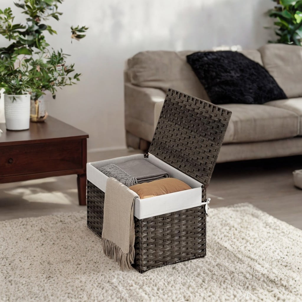 Brown Storage Basket with Lid, 27.7 Gallon (105L) Woven Bin. Features handles, removable liner, foldable design, and metal frame,