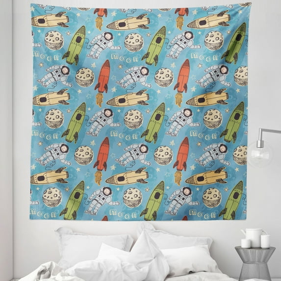 Space Tapestry, Hand Drawn Astronauts with Rockets and Moon People in the Space Doodle Sketch Style, Fabric Wall Hanging Decor for Bedroom Living Room Dorm, 5 Sizes, Multicolor, by Ambesonne