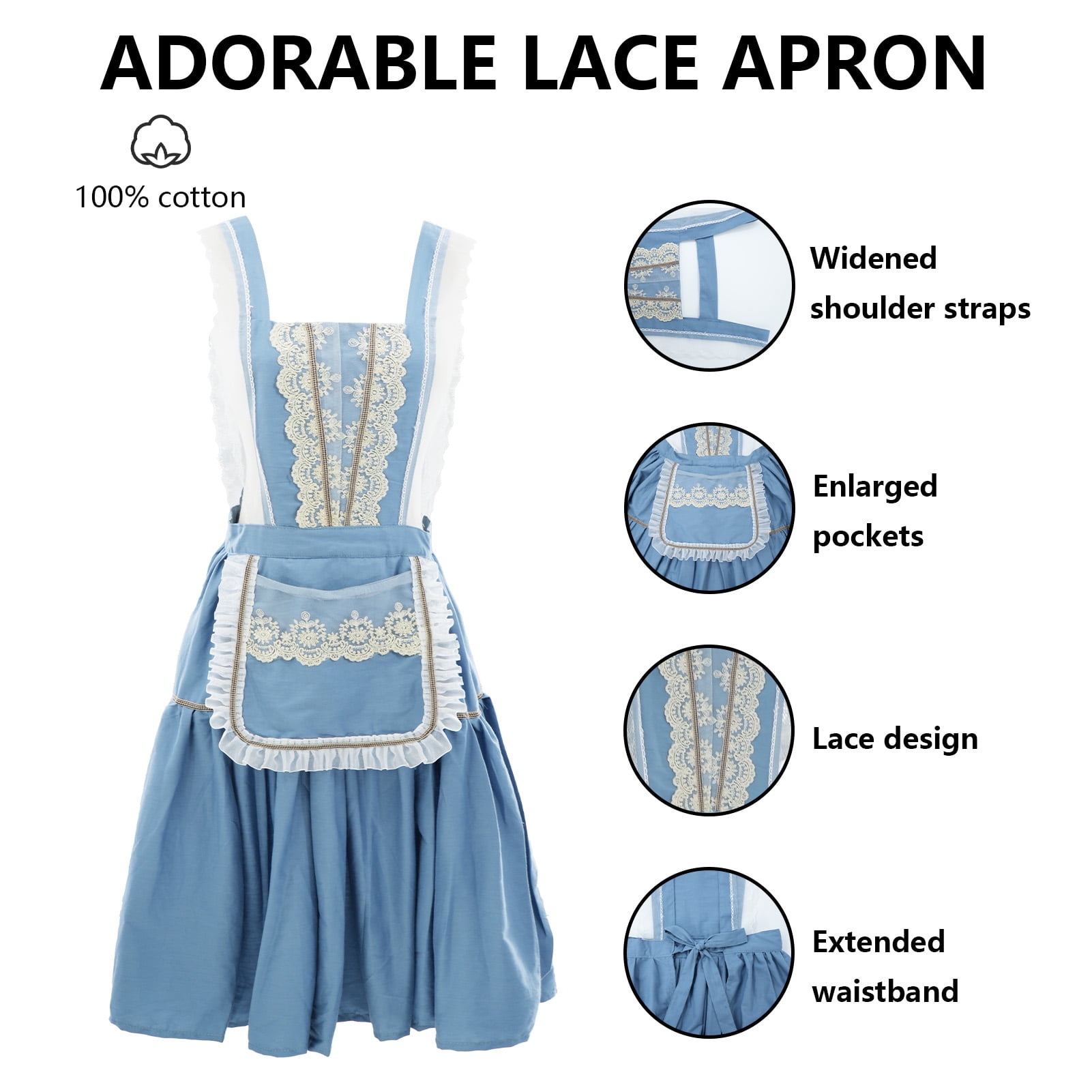 FEOYA Cotton Apron for Women Kitchen Apron Vintage Pinafore Apron Dress Chef Lace Aprons with Pockets for Cooking Baking Gardening Work Cake Blue
