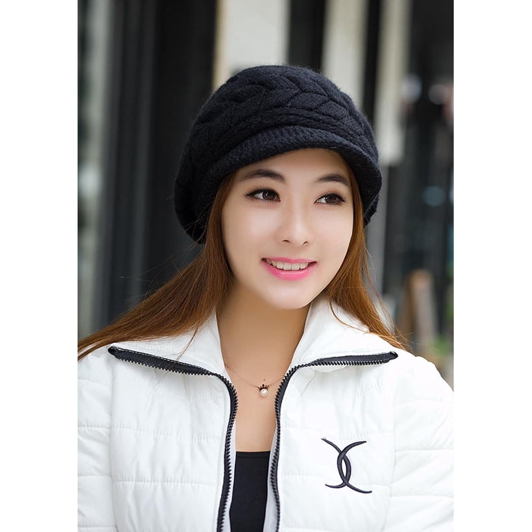 ?Women’s _2hats(black+grey) Winter Warm Knit Wool Snow Ski Hat with Visor Women Winter Warm Knit Hat Wool Snow Ski Caps with Visor  main image 3