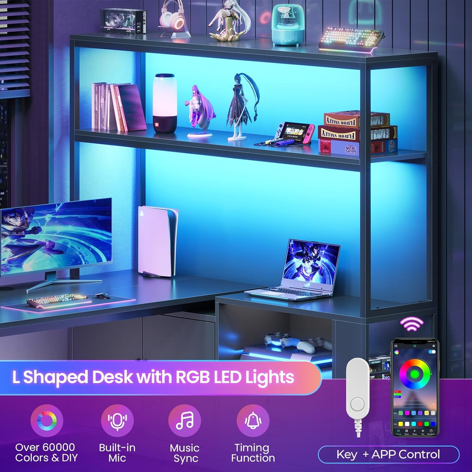 SEDETA L Shaped Standing Desk with Storage, Electric Home Office Desk with LED Lights & Power Outlets, Adjustable Height Computer Desk with Drawer, Cabinet & Bookcase, Sit Stand Up Corner Desk, Black