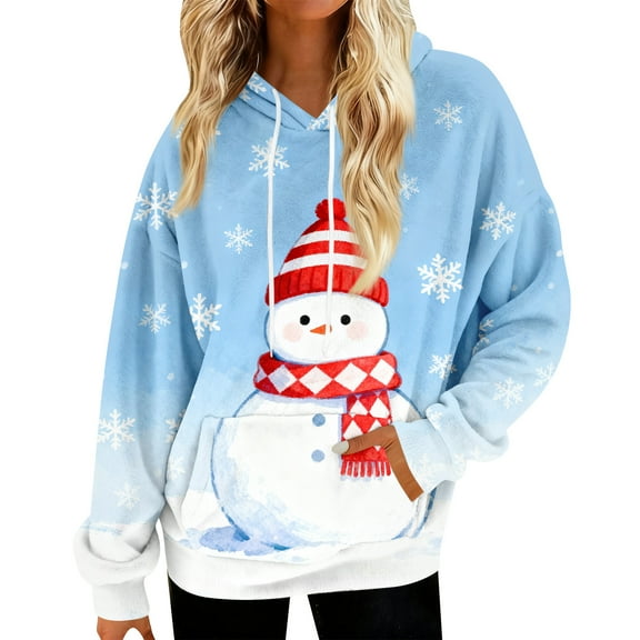 Hoodies for Women Oversized Winter Plush Cute Sweatshirts Pullover Trendy Fall Winter Clothes with Christmas Print for Comfortable Seasonal Wear,Light Blue,XL