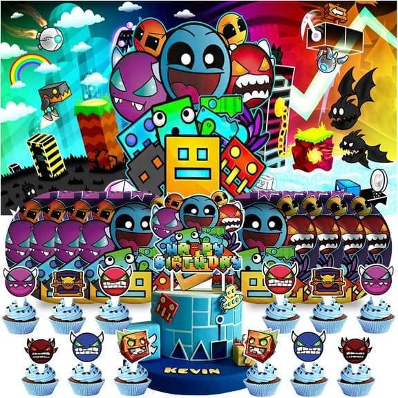 Geometry Dash Plates Birthday Supplies Decorations Decor Backdrop Banner Cake Topper Fans