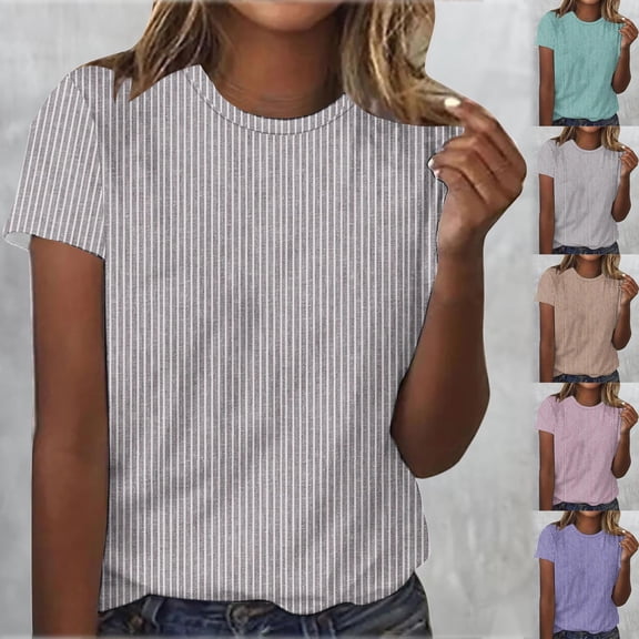 HVOBTTY Women's Summer Casual Stripe Print Short Sleeve Round Neck Pullover Slim Fitted Soft Lightweight Versatile Daily Comfy Beach Tee Shirt Khaki, XL
