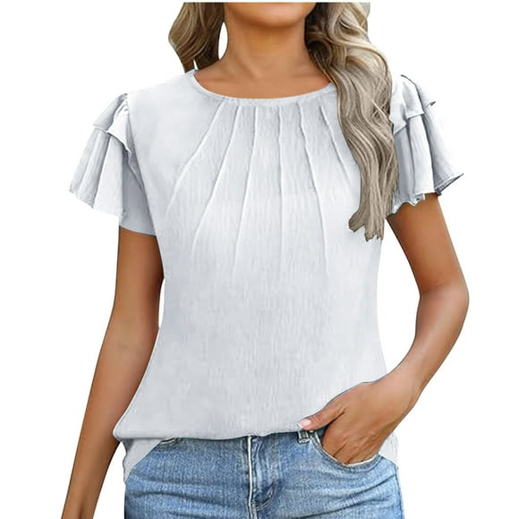 Women's Pleated Top, Casual Short Sleeve Crew Neck Shirt, Solid Color Summer Blouse in Nylon Spandex, Lightweight and Soft Fabric