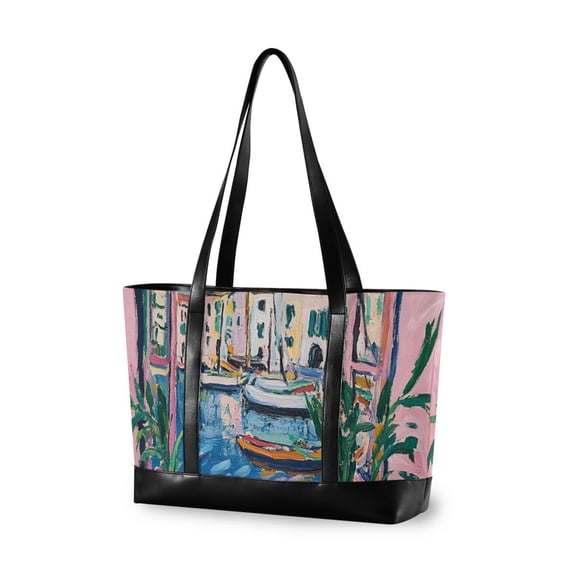 FORMRS Canvas Laptop Tote Bag for Women with 15.6" Computer Compartments Shoulder Handbag, Blue Plants Window
