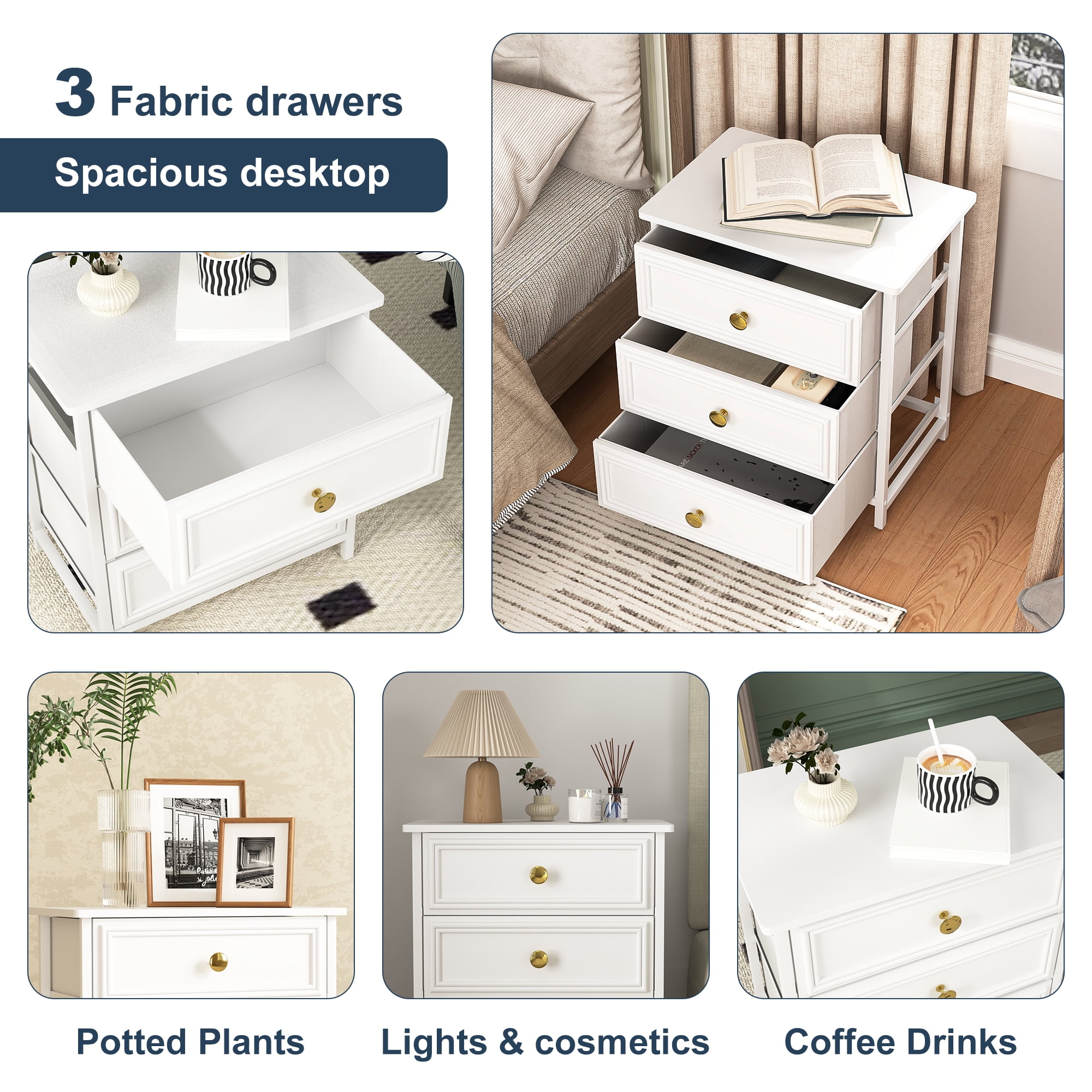 Demi Bonn Nightstand Set of 2, Bedside Table with 3 Decorated Drawers, Wood Accent Side End Table with Storage for Bedroom, Black, White