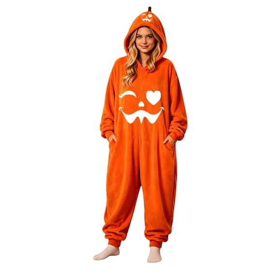 Curuila Halloween Adult Jumpsuit With Pocket Hallowmas Pumpkin Hooded Flannel Pajamas For Women And Men Party Comfort Homewear Jumpsuit Size L