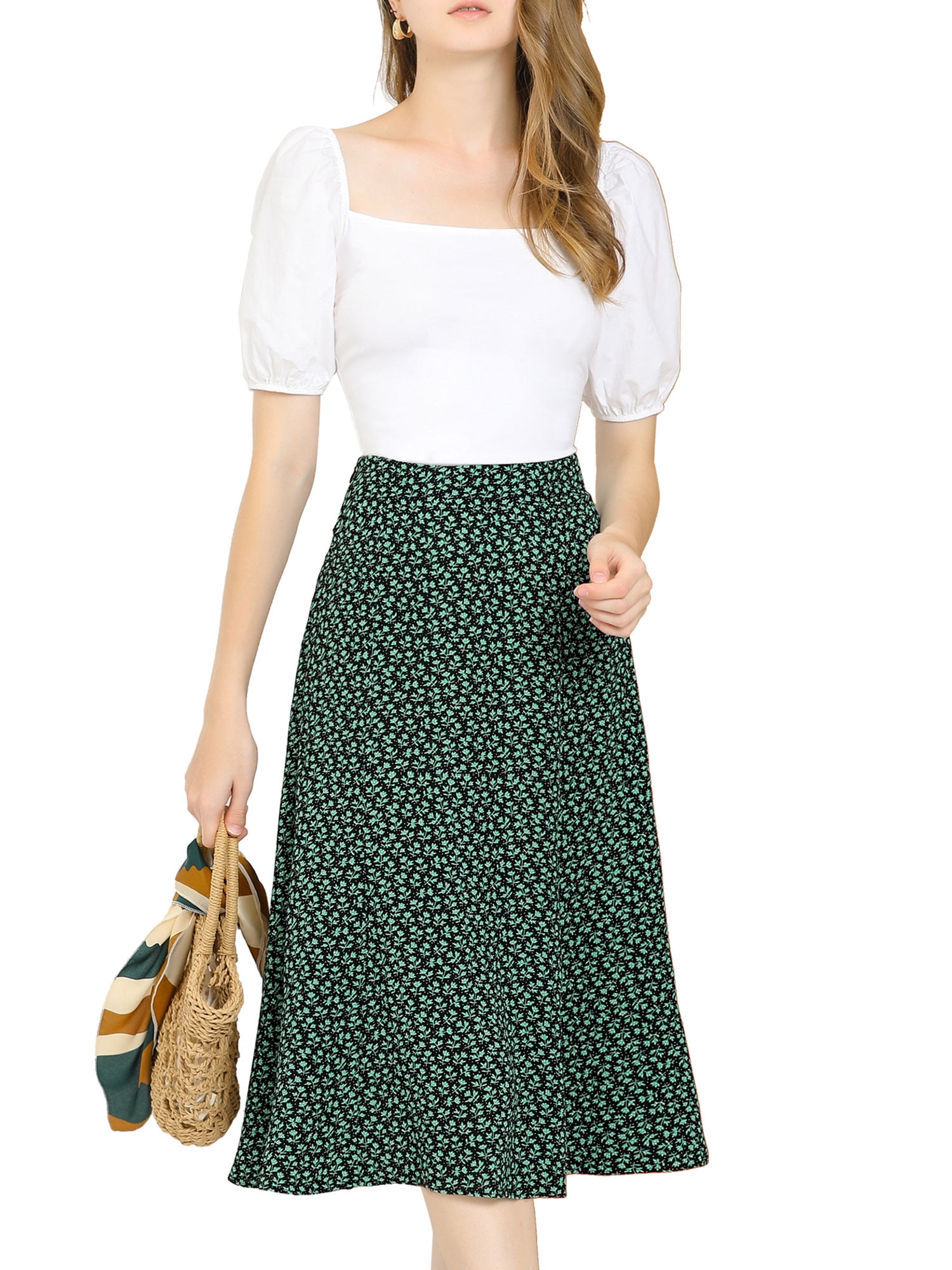 DARING DIVA Women's Elastic Waist A-Line Floral Print Midi Skirt XS Green