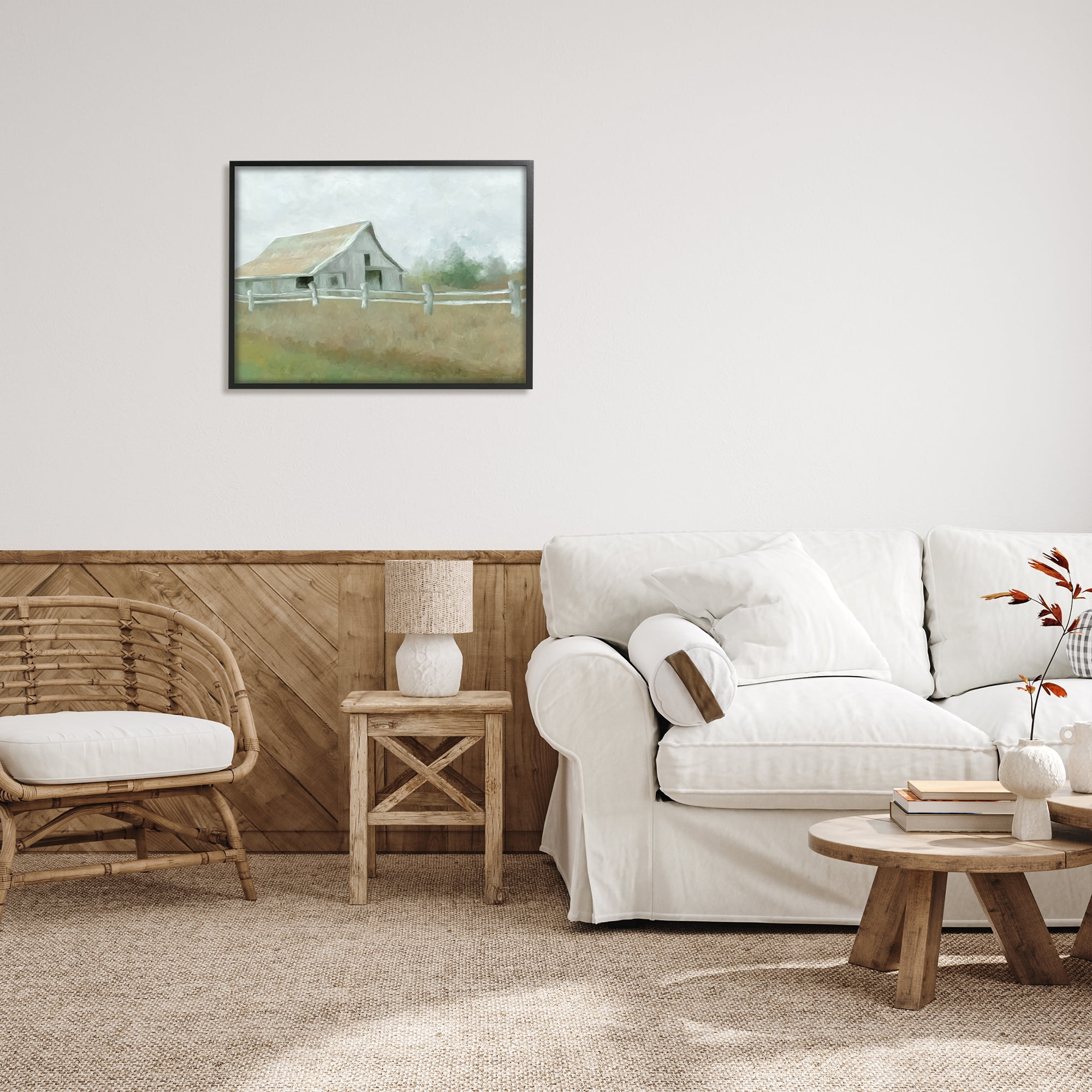 Stupell Industries Rural Farmland Fence Nature Painting Black Framed Art Print Wall Art, 30 x 24