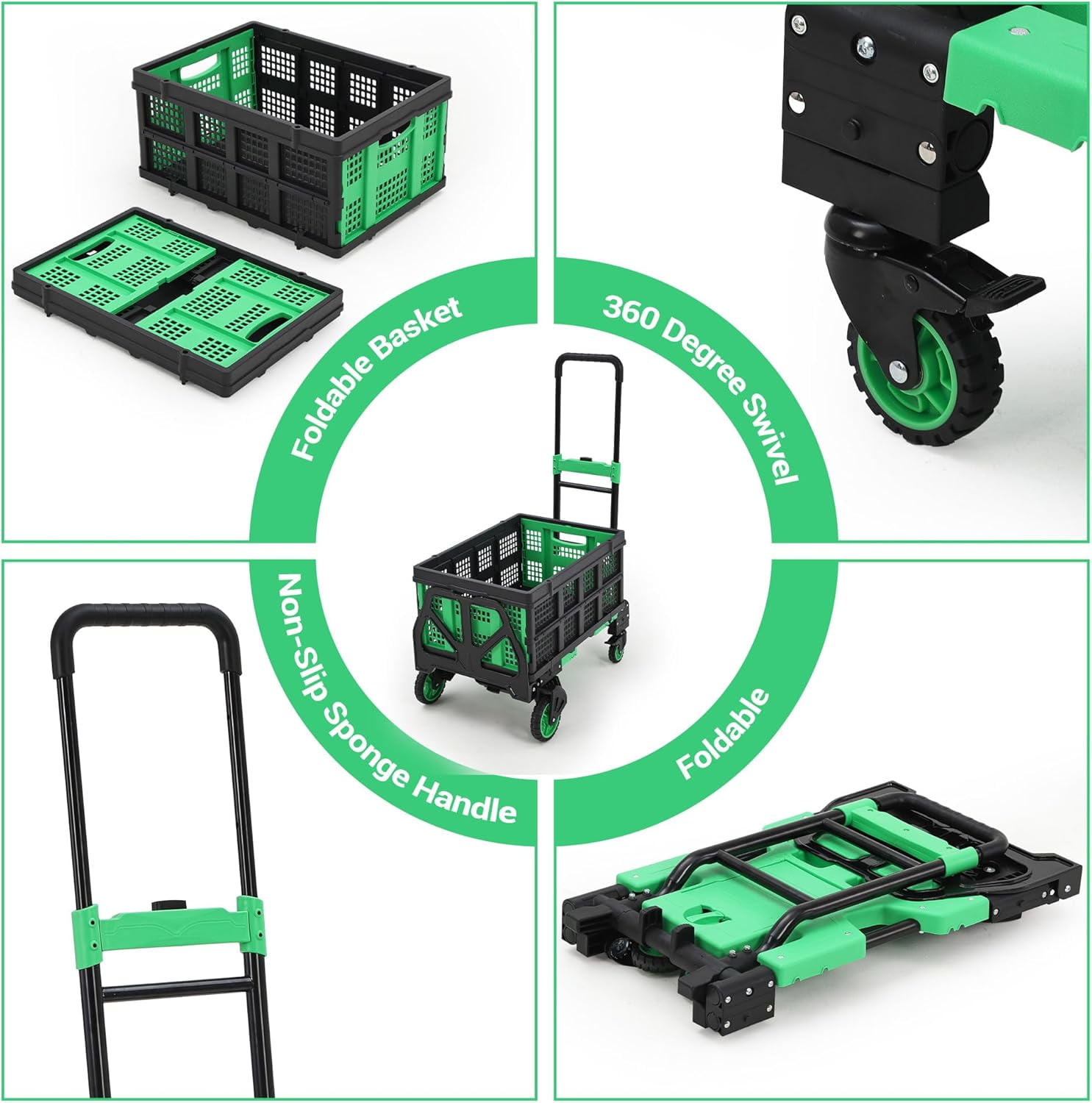 2-in-1 Folding Hand Truck Dolly with Collapsible Basket - 330Lb Capacity, 4-Wheel Design & Retractable Handle, Portable Cart for Moving, Shopping (Green)