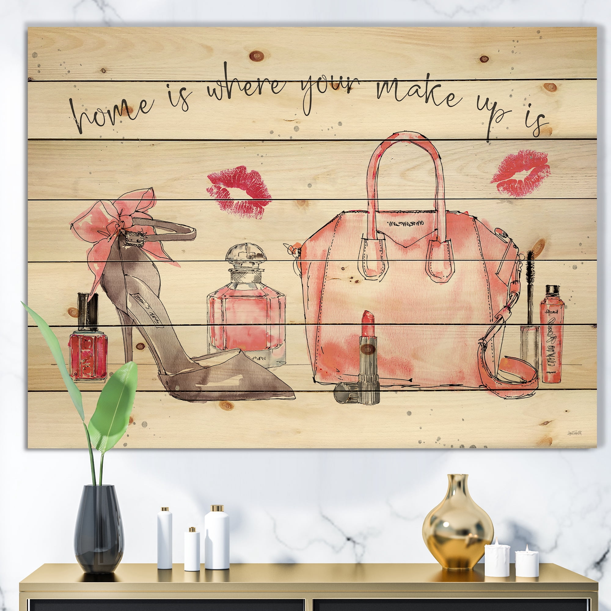 Designart 'Chic Accents and Woman Fashion ' Fashion Print on Natural Pine Wood