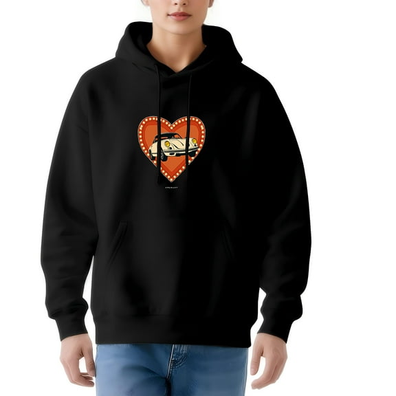 Women's Long Sleeve Hoodie Pullover with Heart - Shaped Classic Car Graphic Red Background ' LOVE ' Print Front Pocket Drawstrings