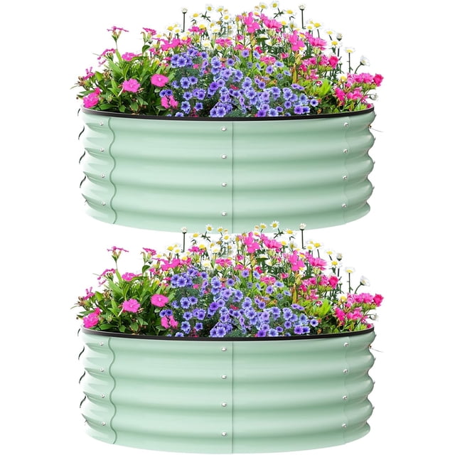 Lot de 2 Bacs de Jardin Surélevés Galvanisés 3x3x1 Pi Bacs de Plantation Ronds en Métal avec Fond Ouvert Robustes Résistants à la Rouille Bacs de Jardin d'Extérieur pour Légumes Fleurs et Herbes Vert