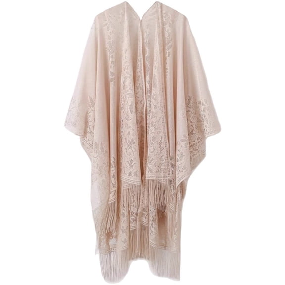 Byfri Floral Print Sheer Kimono Cardigan, Long Summer Cover-Up with Tassels for Women, Apricot 170x120cm