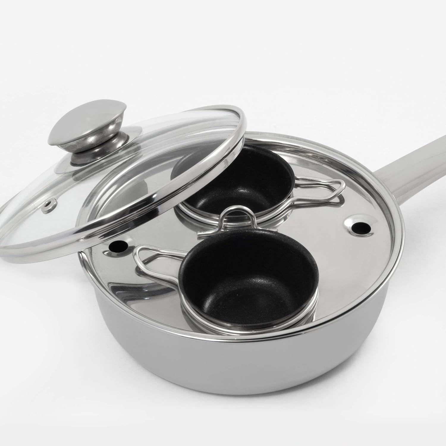 18/10 Stainless Steel 2 Cup Egg Poacher, Non Stick Easy Use Kitchenware Rust Resistant Stove Top Breakfast Brunch Cooking Pan