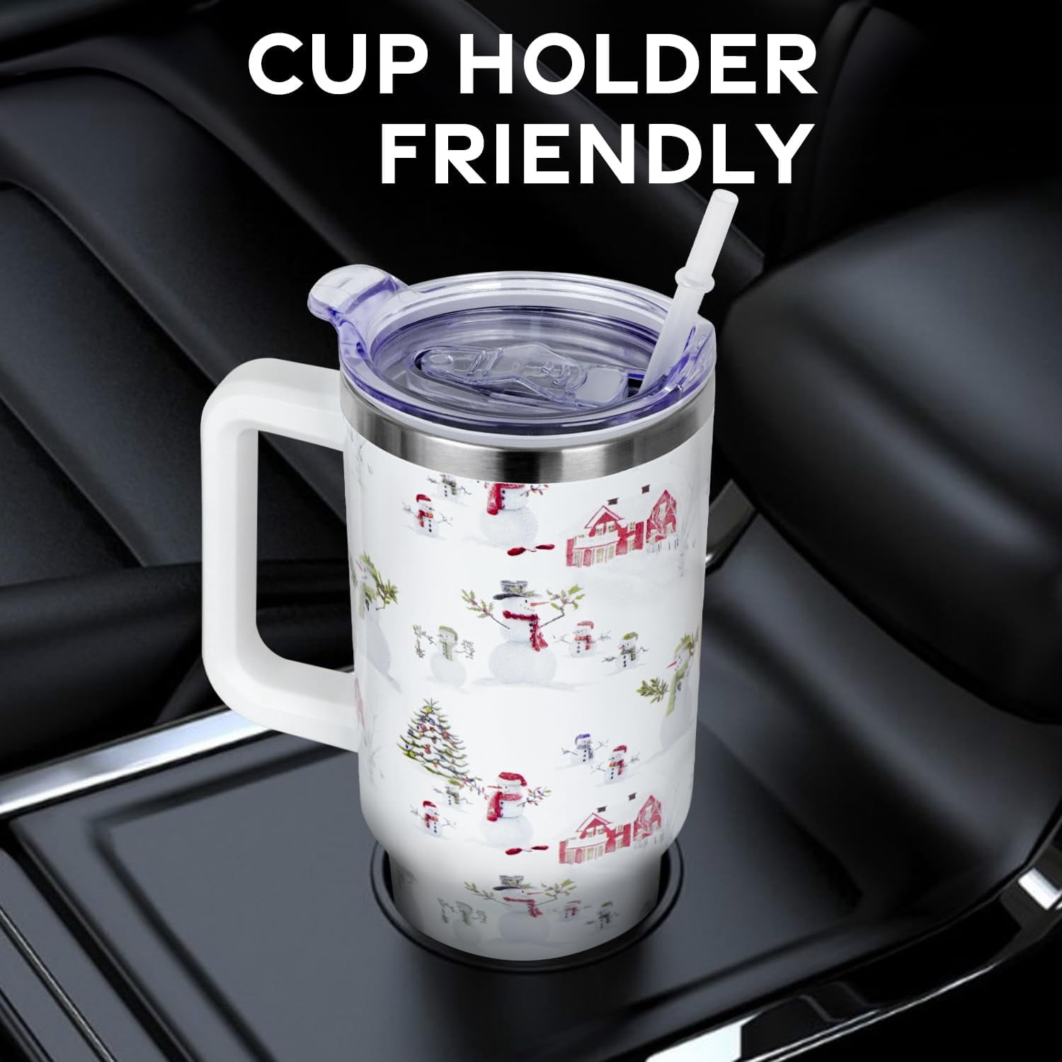 Christmas Gifts 40 oz Tumbler with Handle and Straw Lid,Cute Gifts for Women Snowman Xmas Tree Vacuum Insulated Leak Proof Tumbler,Winter Holiday Accessories Stainless Steel Coffee Cup Mug