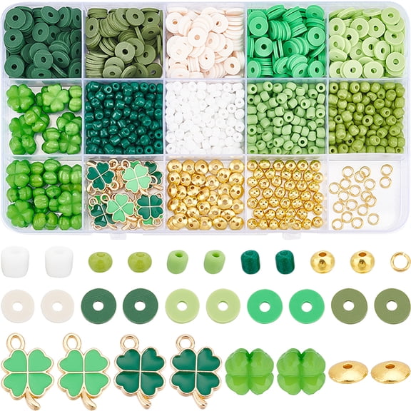 1 Box 1420Pcs St Patrick Day Craft Beads Kit Flat Round Green Polymer Clay Heishi Disc Beads Opaque Glass Shamrock Charm Enamel