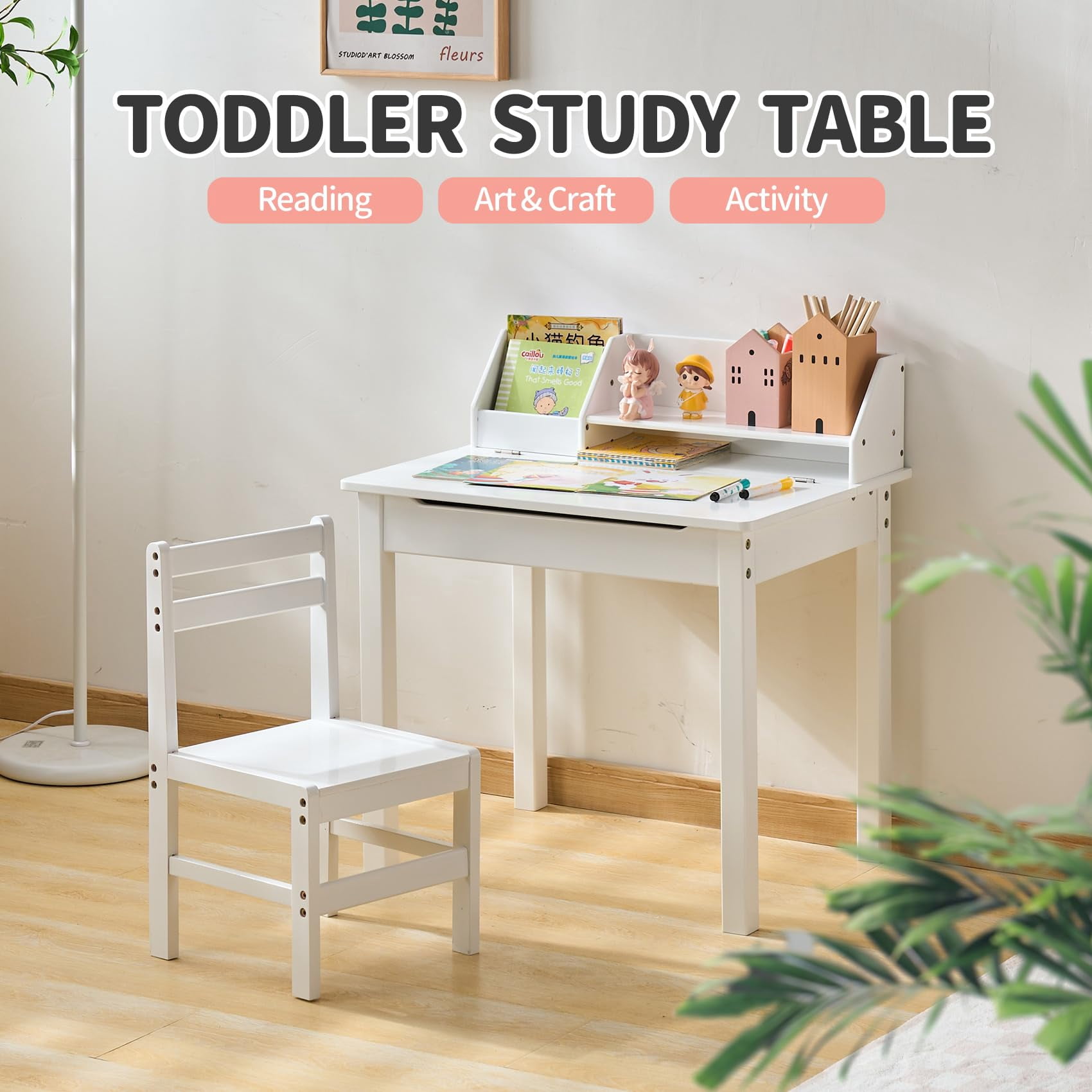 UNICOO® Bamboo Kids Desk and Chair Set, Lift-Top Desk & Chair Set for 3-8 Years Old, Children Writing Desk with Storage and Hutch for Home School Use (C007 - White)