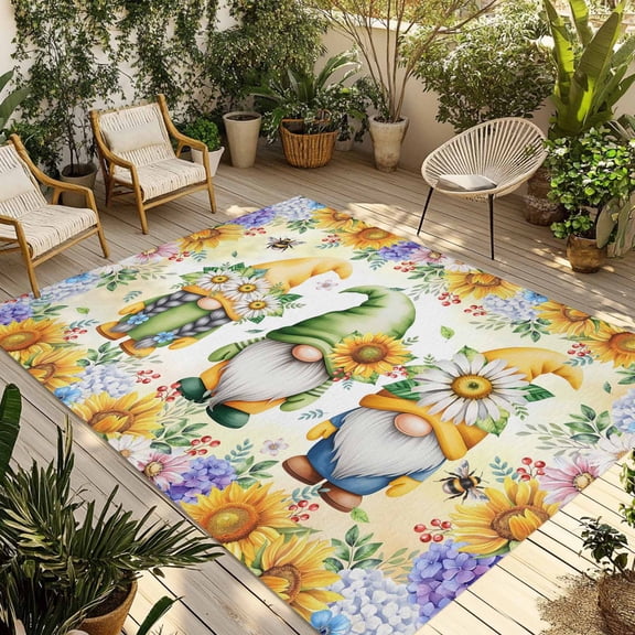 Yellow Sunflowers Outdoor Rug for Patio/Deck/Porch, Non-Slip Large Area Rug 4 x 6 Ft, Spring Gnomes Hydrangea Daisy Plants Indoor Outdoor Rugs Washable Area Rugs, Reversible Camping Rug Carpet Runner
