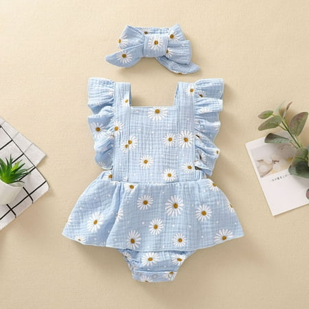 

DAETIROS Exquisite Newborn infant Baby Girls Ruffle Floral Printed Backless Romper Bodysuit+Headbands Blue