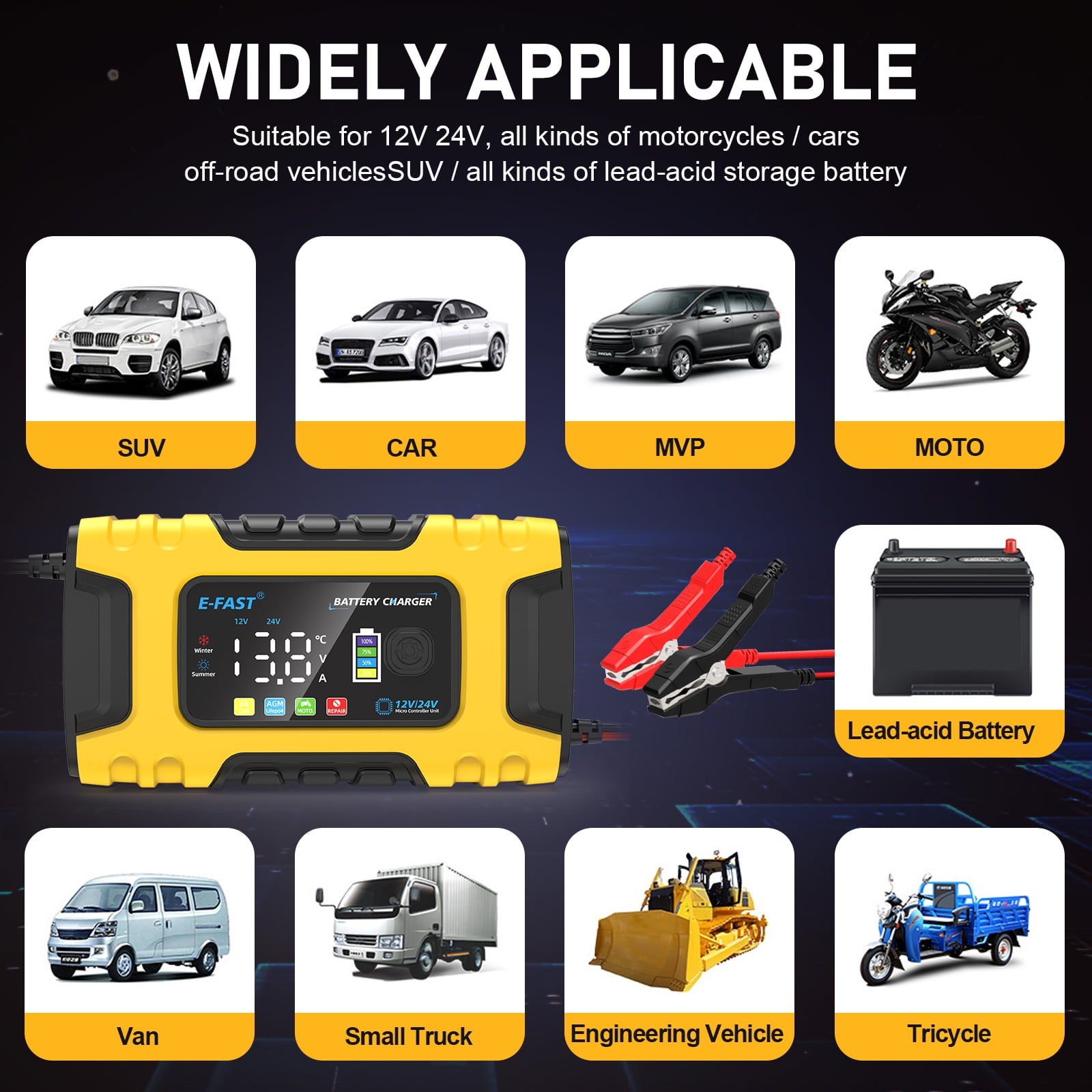 12V 10A 24V 5A Smart Automatic Maintainer Trickle Charger, 7 Stage Lead Acid AGM LiFePO4 Battery Charger for Cars Motorcycles Boats,Yellow