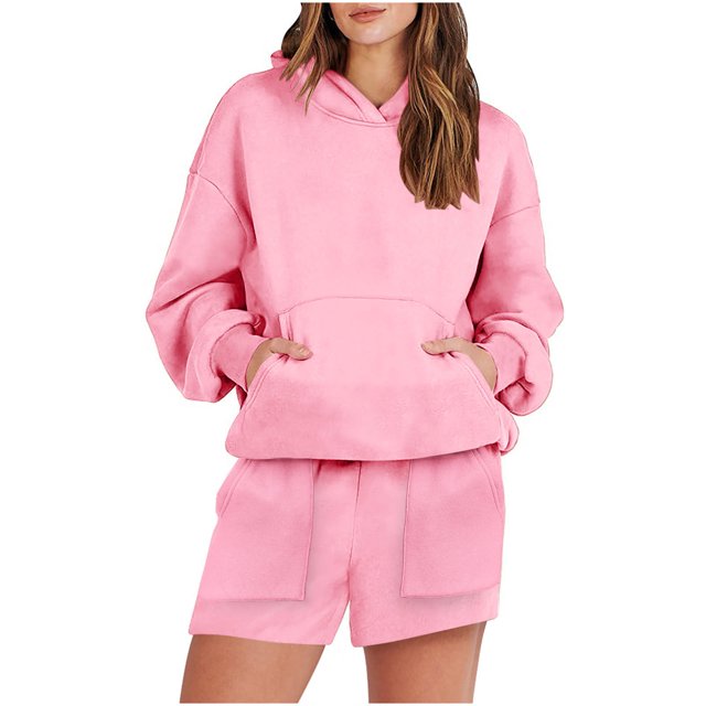 IROINNID Survêtement pour Femmes Ensemble 2 Pcs Réduit Décontracté à Capuche à Cordon de Serrage Manches Longues Chandail en Molleton avec Poche et Shorts Ensemble Jogging, Rose
