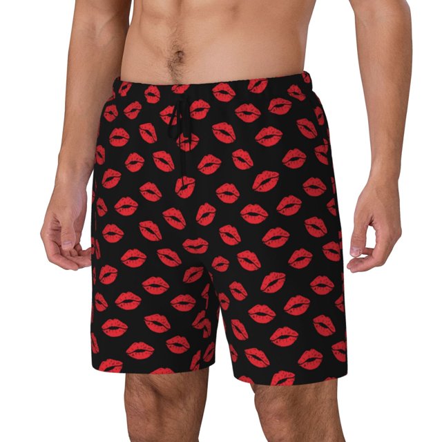 Balery Sexy Red Lips Kiss Bañador para hombre, shorts de playa de secado rápido con entrepierna y forro de compresión-Small