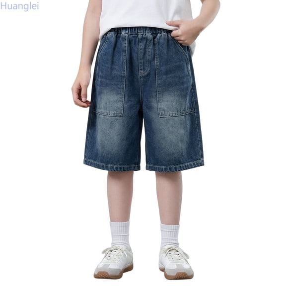 Huanglei Casual Boys Denim Shorts Summer Fit With Embroidered English Lettering For Boys Height Adjusted Easy Wear ,Back To School Boys Denim Shorts /Size 5-6 Years(Blue)
