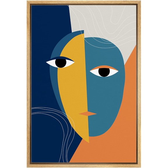 IDEA4WALL Framed Canvas Print Abstract Geometric Blue & Yellow Face Mask Illusion Culture Shapes Illustrations Pop Art Bohemian Colorful Ultra for Living Room, Bedroom, Office - Natural 24"x36"