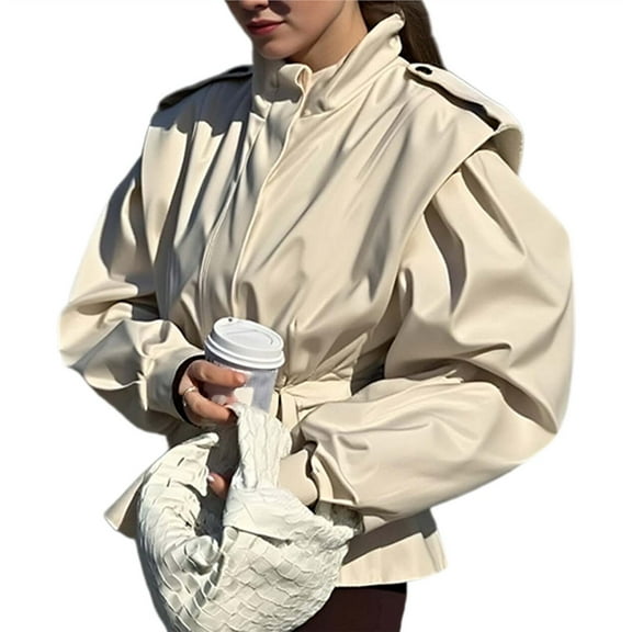 Women's Fall Fashion Long Sleeve Belted Jacket Cropped Jackets Windbreaker Coat Street Lounge Wear Cream White S