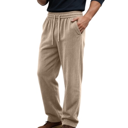 Qgtaibl Corduroy Straight Leg Pants for Men Elastic Waist Drawstring Solid Color Athletic Pants Breathable Loose Fit Outdoor Lounge Trousers Khaki XXL