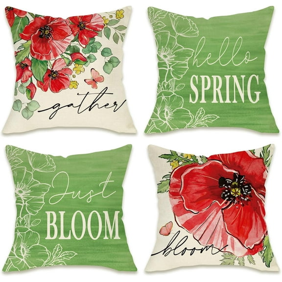 Hello Spring Red Poppy Decorative Throw Pillow Covers 18 x 18 Set of 4, Just Bloom Floral Flower Green Porch Patio Outdoor Pillowcase, Gather Butterfly Seasonal Cushion Case Home Decor
