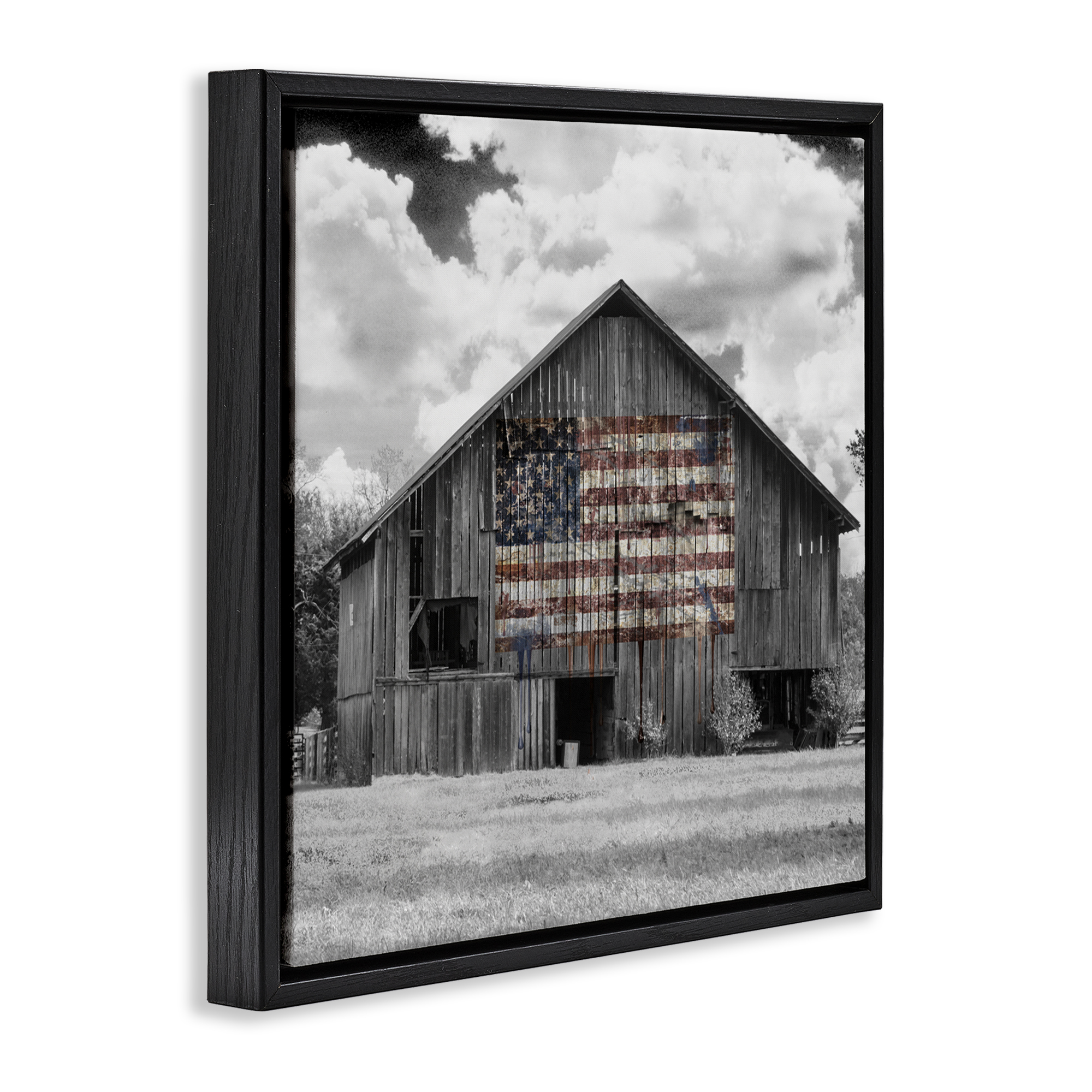 USA Flag Monochrome Barn Black Framed Floater Canvas Wall Art, design by Decent Exposures