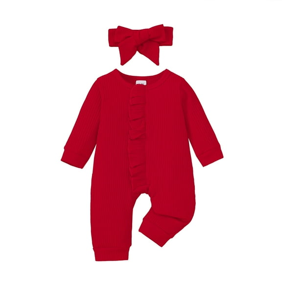KIMI BEAR Infant Baby Girls Romper 12-18 Months Winter Warm Bodysuits Long Sleeves Jumpsuits Solid Color Knit One-piece Overalls with Headband 2pcs Red