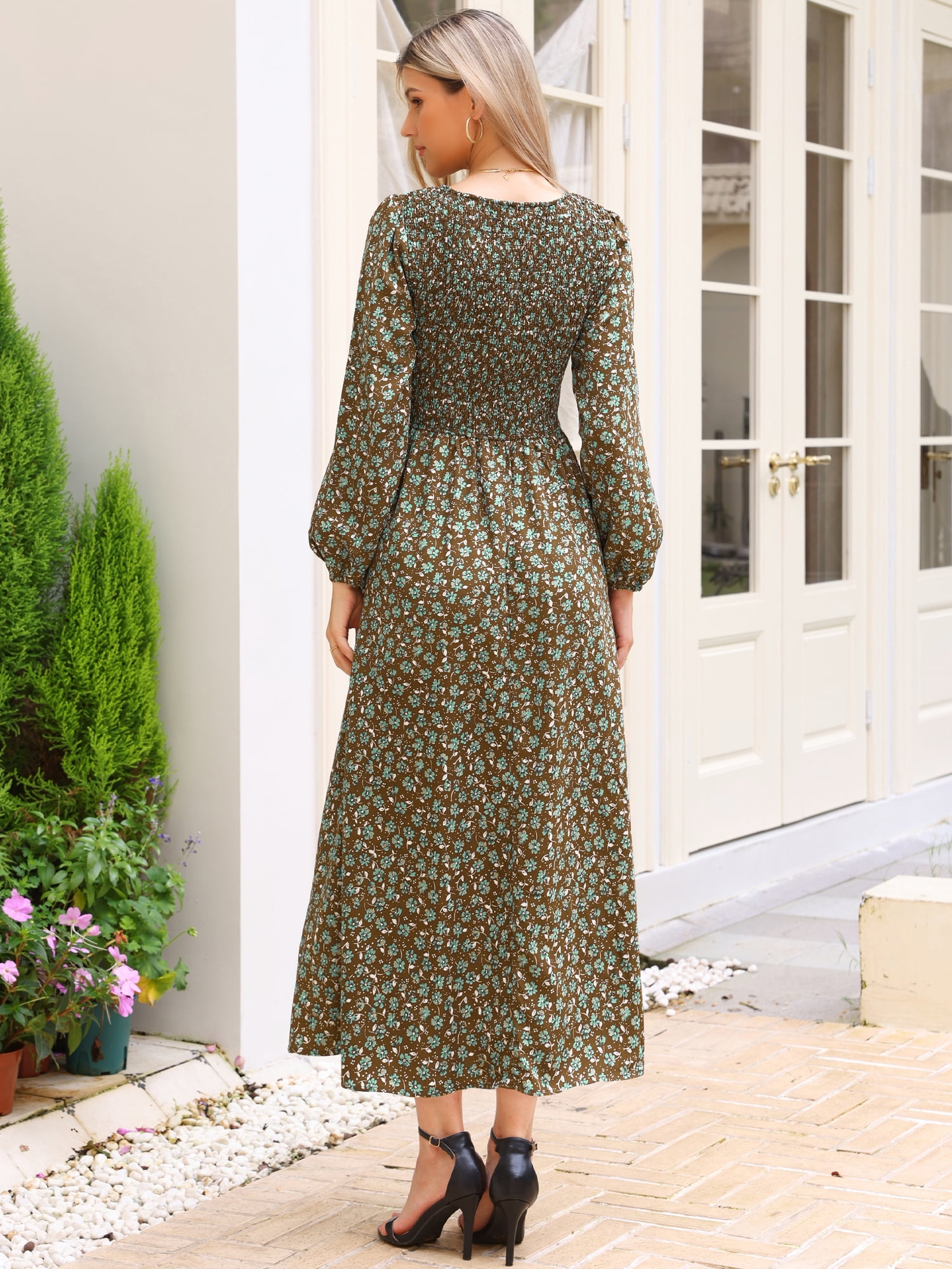 DARING DIVA Floral Smocked Long Puff Sleeve A-Line Boho Maxi Dress M Brown