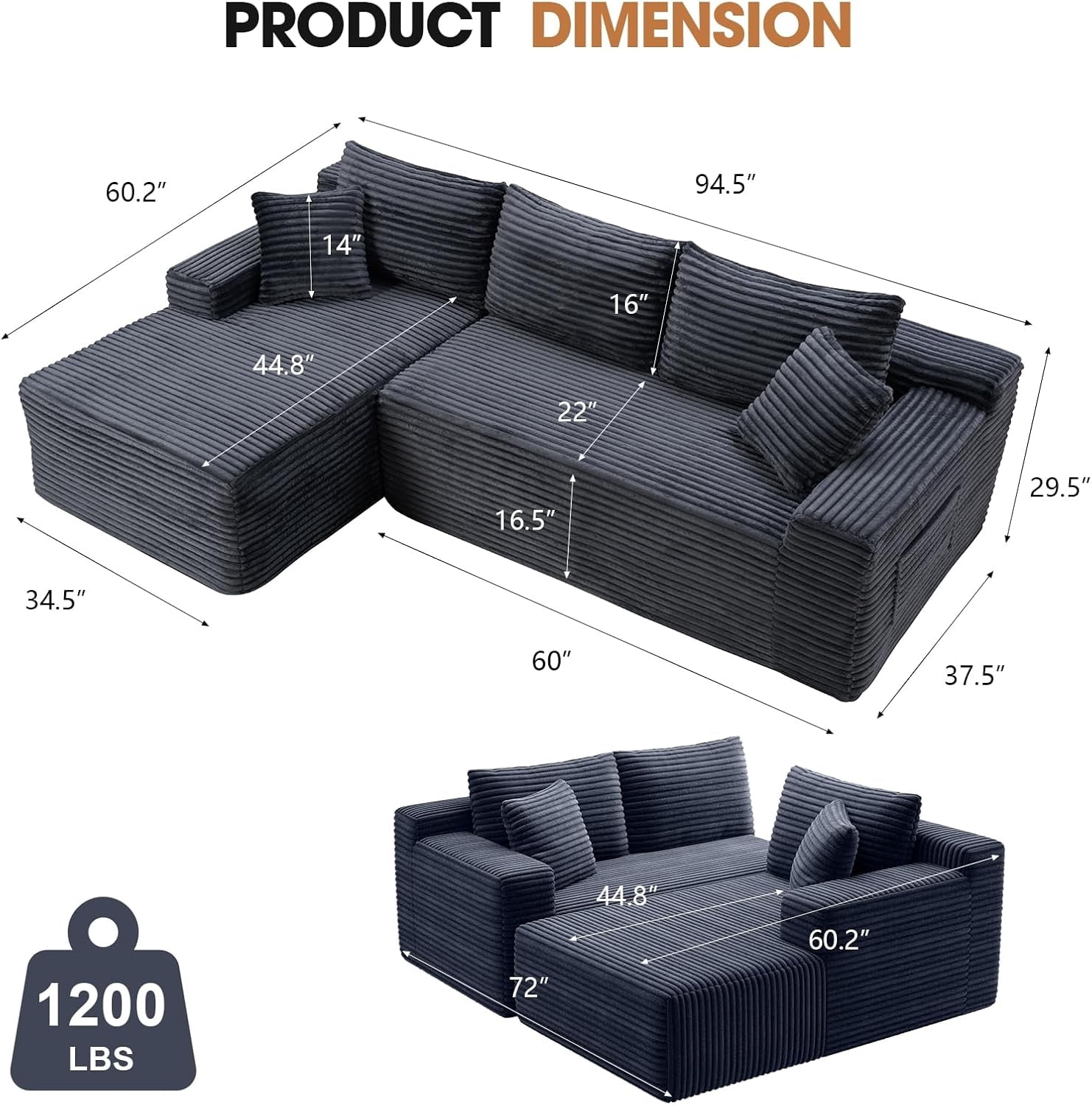 MOONMISS L-Shaped Cloud Sectional Couch with Chaise,Modern Corduroy Upholstered Modular Boneless Sofa,No Assembly for Living Room Apartment(Gray,Left)
