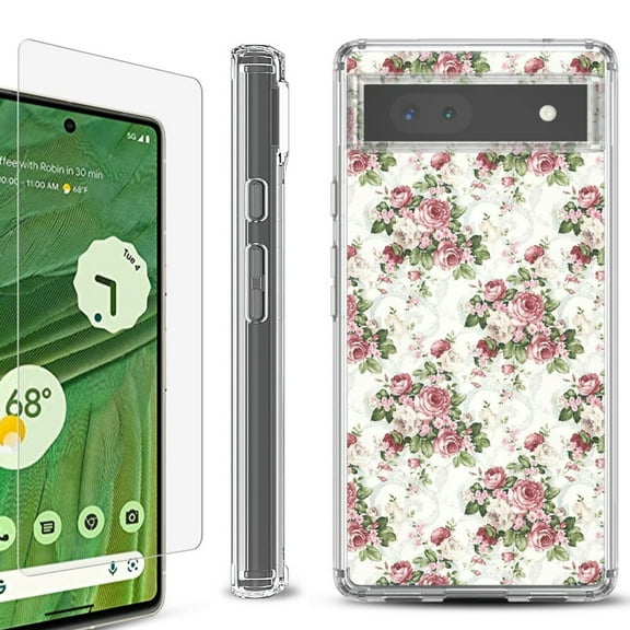Shockproof Bumper Phone Case for Google Pixel 6a, with Tempered Glass Screen Protector, by OneToughShield ® - Floral/Rose
