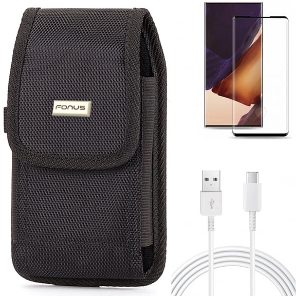 Screen Protector & Case Belt Clip & 10ft USB-C Cable for Samsung Galaxy Note 20 Ultra (6.9") - Combo with Tempered Glass (Fingerprint Unlock) & Rugged Holster & Type-C Charger Cord