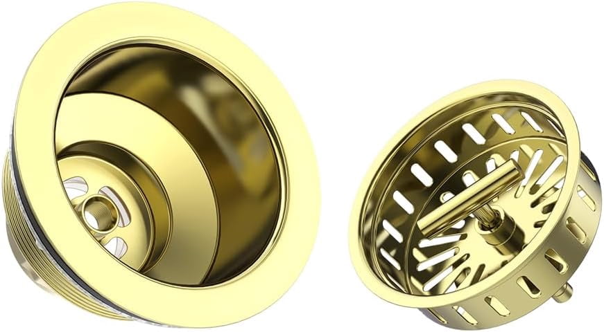 3-1/2 Inch Kitchen Sink Drain Assembly Stainless Steel Gold Kit with Strainer Basket/Rubber Stopper, Rustproof Durable Gold Finish Replacement for Standard Commercial Sink Drains