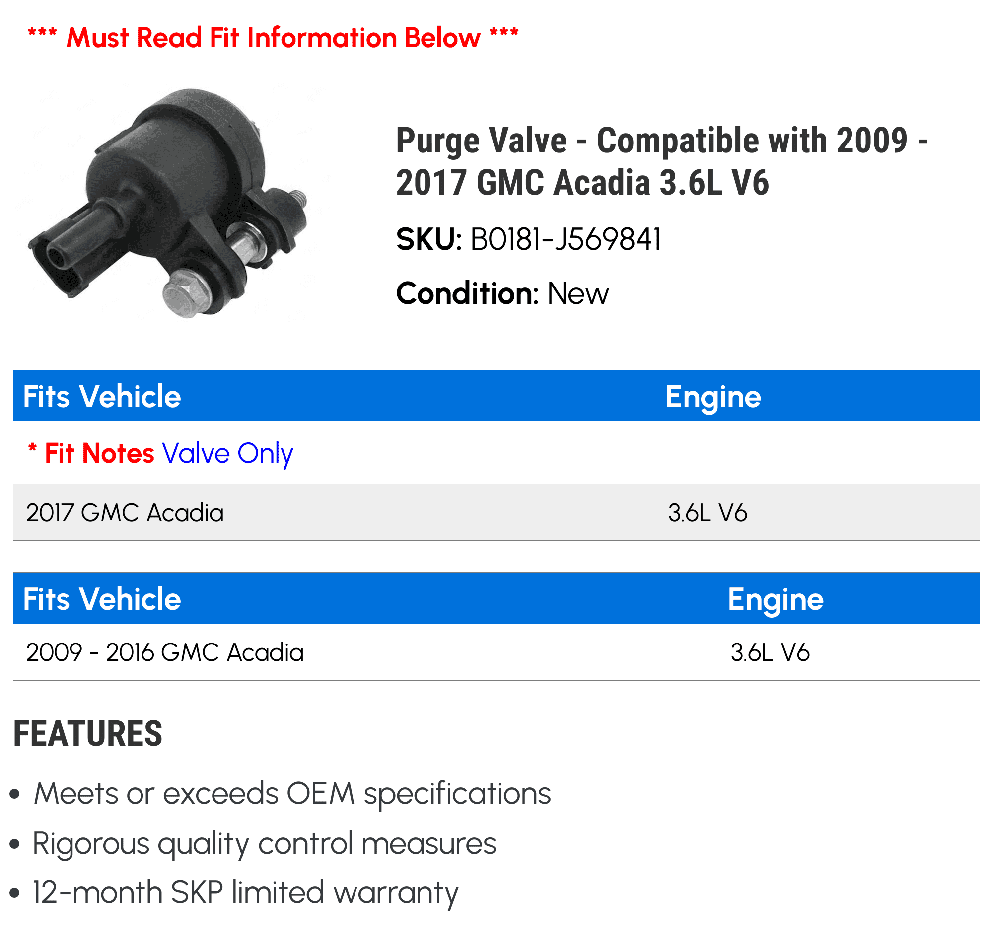 Purge Valve - Compatible with 2009 - 2017 GMC Acadia 3.6L V6 2010 2011 2012 2013 2014 2015 2016