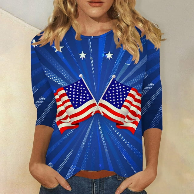 lcziwo T-Shirt Femme Drapeau Américain, T-Shirts 4 Juillet T-Shirt Femme Drapeau Américain Manches 3/4 Hauts Femme Col Rond Fête de l'Indépendance Hauts de Festival, Rouge TG